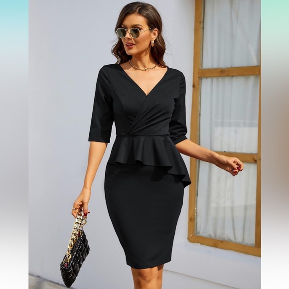 *NEW* Women Office Pencil Dress Wrap V Neck Ruffle Hem For Work Dresses - Picture 3 of 10